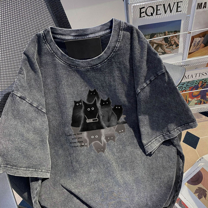 Dame T-shirt med kreativt kattemotiv og afslappet oversized snit Stilla