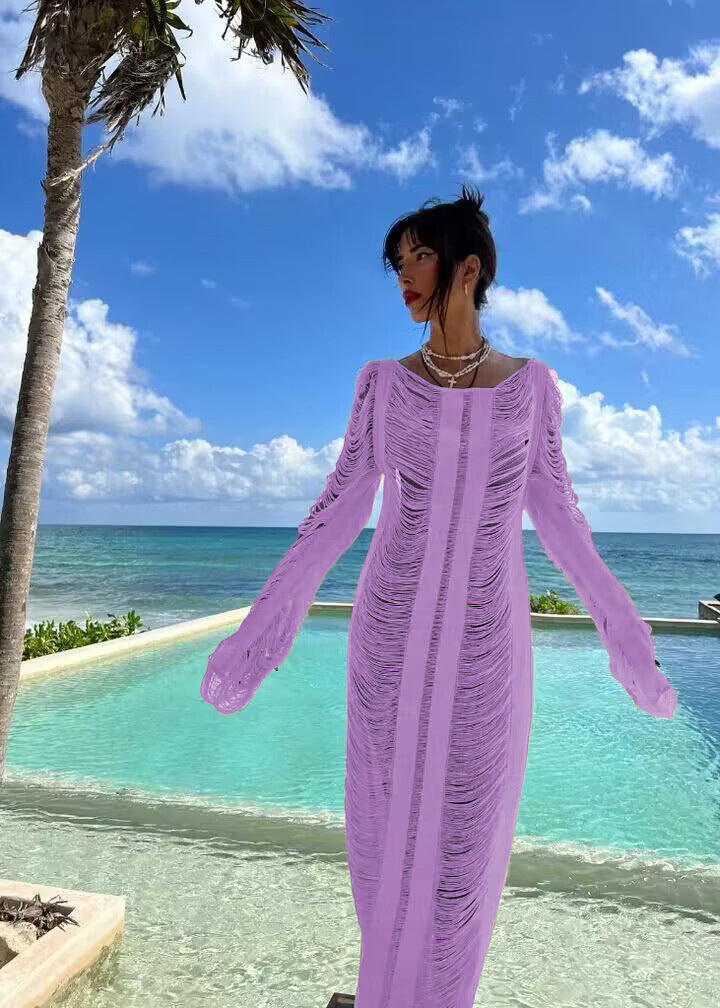 Dame elegant strandkjole med raffinerede frynser og transparente elementer Skovae
