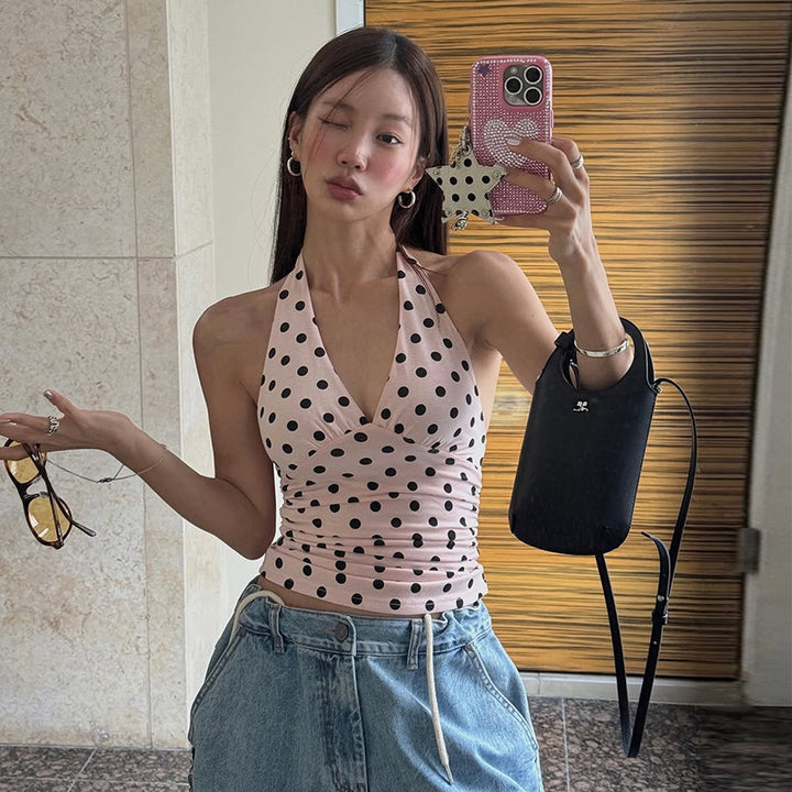 Dame Polka-Dot top med halterneck-design og tætsiddende snit Stilla