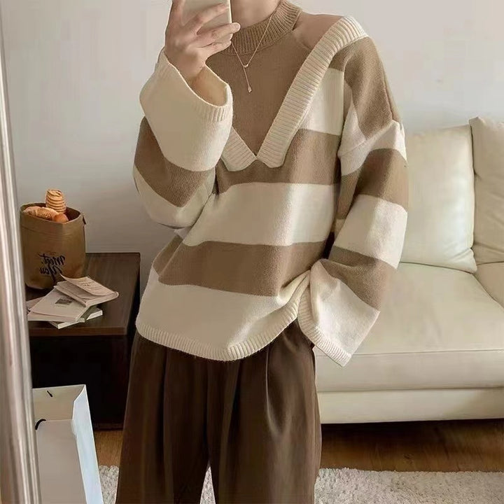 Kvinders afslappede sweater med moderne stribemønster og skulderudskæringer Stilla