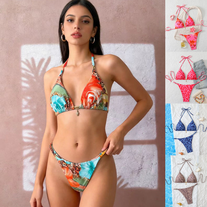 Dame triangel-bikini-sæt med justerbare stropper og blomster mønstre Skovae