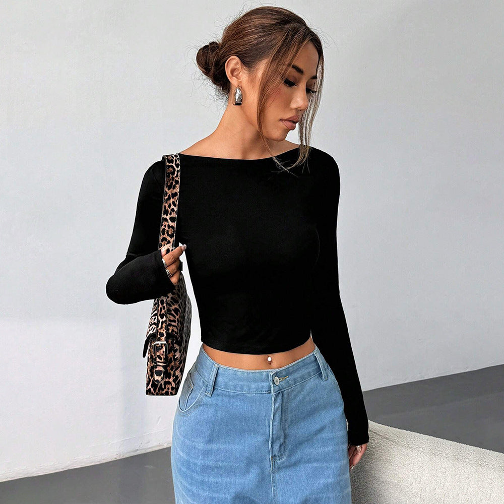 Kvindernes langærmede crop top med elegant rund halsudskæring og figur-fremhævende snit Stilla