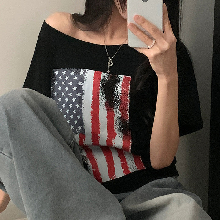 Dame afslappet T-shirt med amerikansk flag-design og blødt bomuldsmateriale Skovae