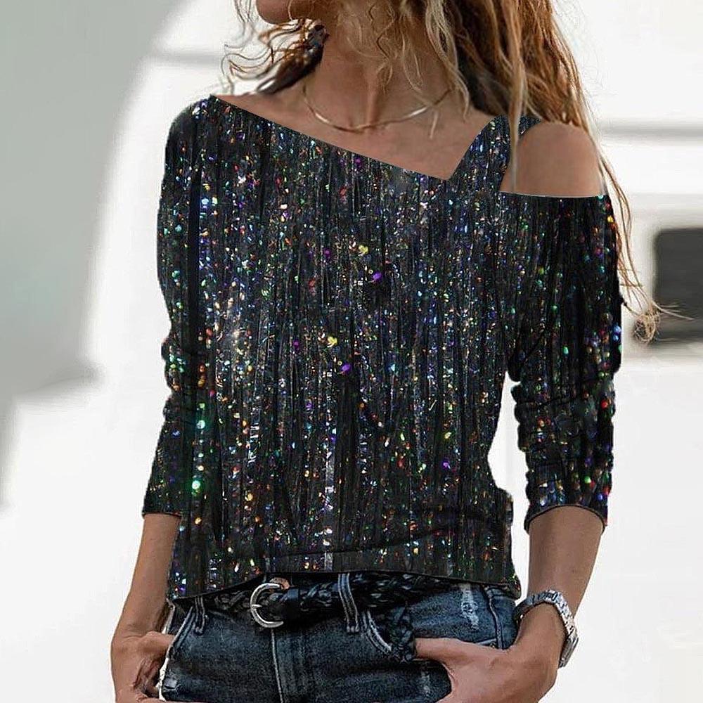 Stilla | Trendy Marmorprint Off-Shoulder Mellemlang Ærme Tee
