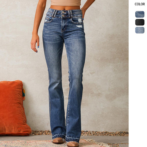 Kvindernes højtaljede flared jeans med fashionable distressed detaljer Stilla
