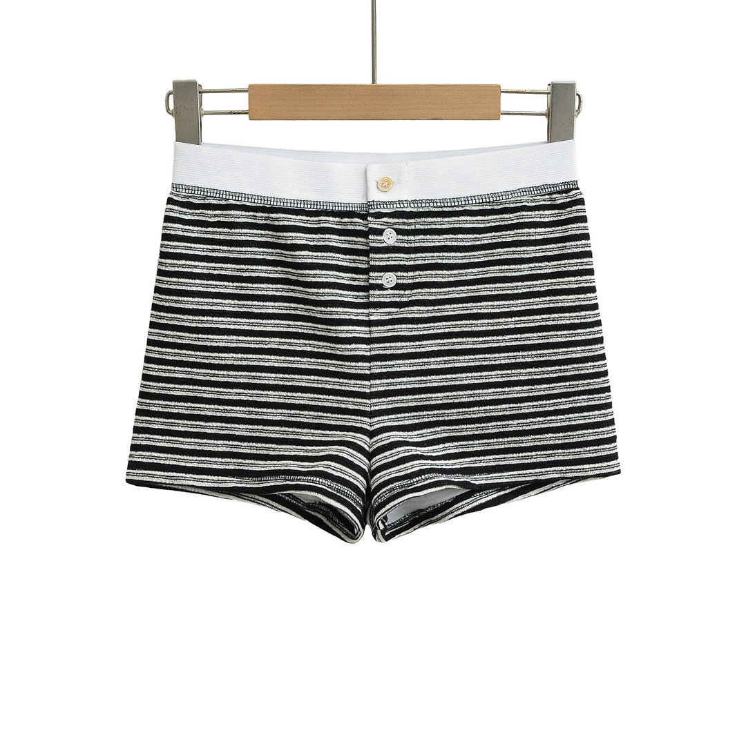 Dame sporty stribede shorts med elastisk linning og knapdetaljer Stilla