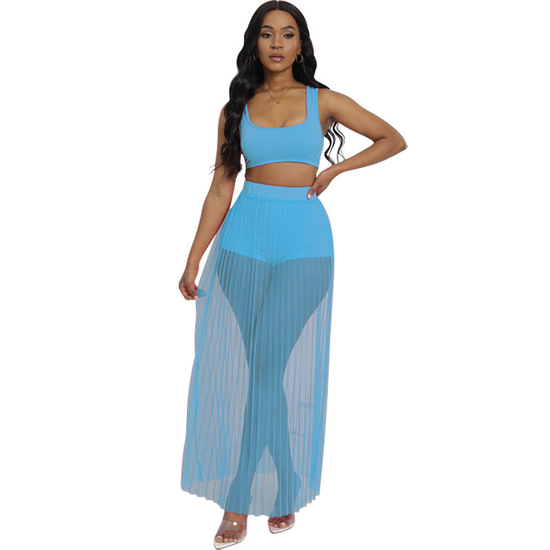 Dame loungewear-sæt med gennemsigtig maxi-nederdel og matchende top Stilla