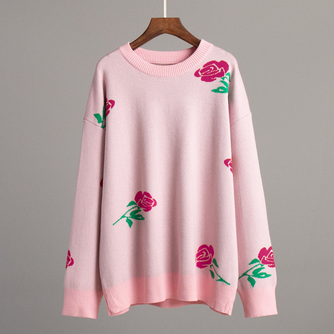Kvindernes mønstrede strikkede sweater med blomstermotiv og løs pasform Stilla
