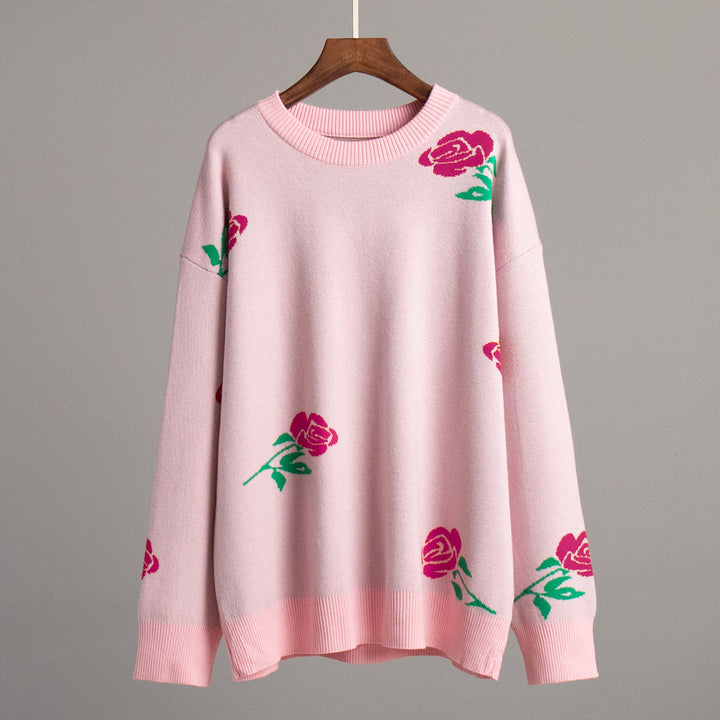 Kvindernes mønstrede strikkede sweater med blomstermotiv og løs pasform Stilla