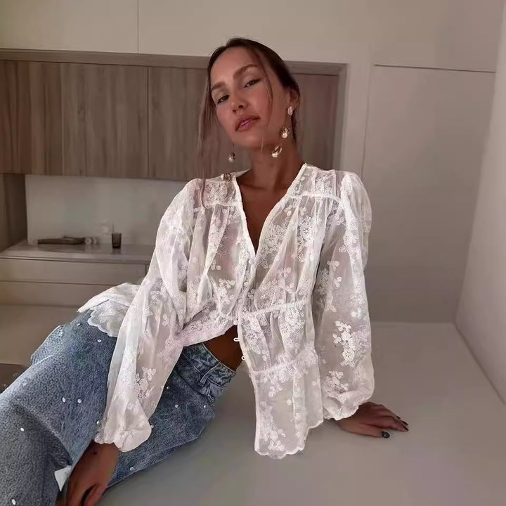 Dame romantisk bluse med blomstret design Stilla