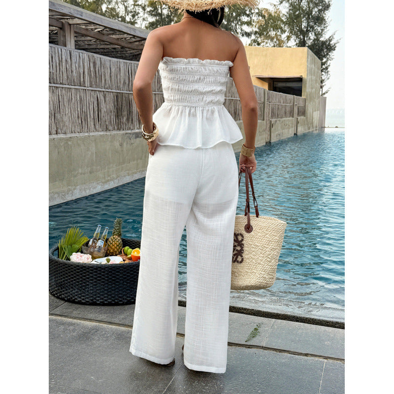 Dame Elegant top med rynket bustier og vide bukser Skovae