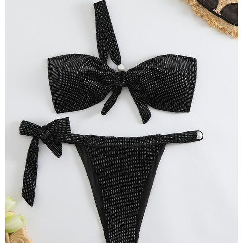 Dame Bandeau-Bikini-sæt med skinnende detalje og legesyge slips Stilla