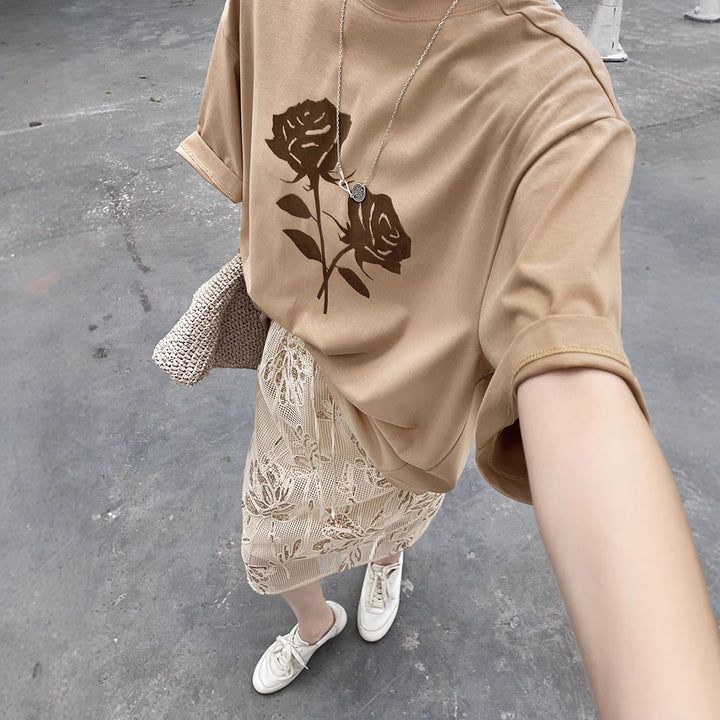 Dame afslappet oversized T-shirt med blomstermotiv Stilla