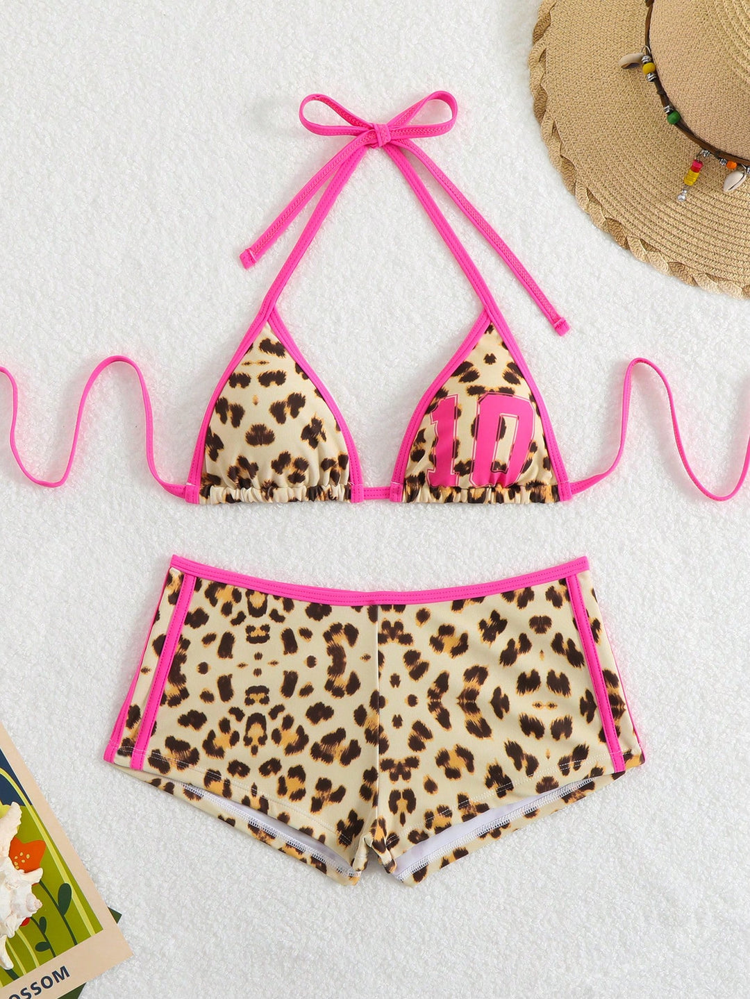Dame bikini-sæt med moderne leopardmønster og justerbar halter Skovae