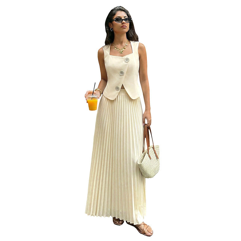 Damen Plissiertes Maxikleid mit elegantem Überwurf Skovae