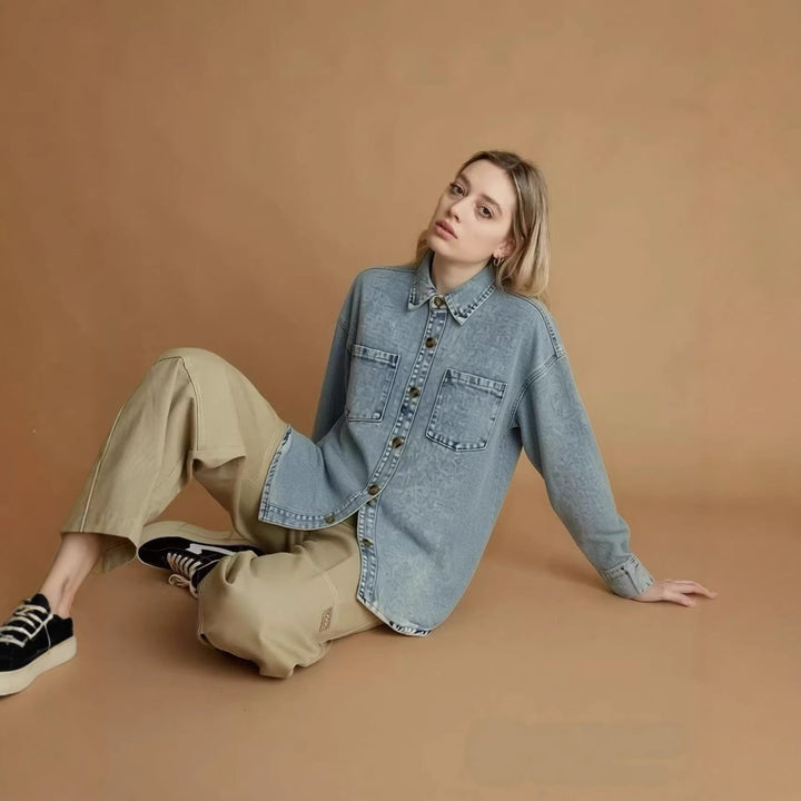 Dame Oversized Denim-Skjorte med påsatte lommer Skovae
