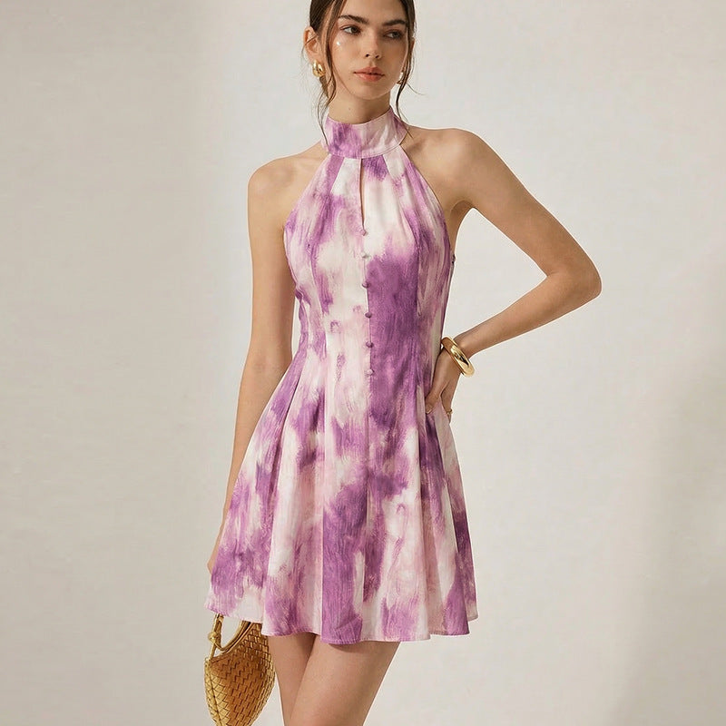 Damen Sommerliches Minikleid mit hochgeschlossenem Kragen und verspieltem Farbverlauf Skovae