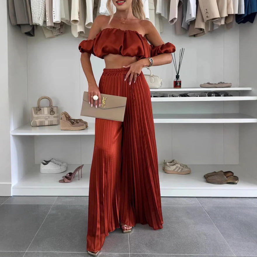 Dame Plisseret Maxi Nederdel og Off-Shoulder Crop Top Sæt Stilla