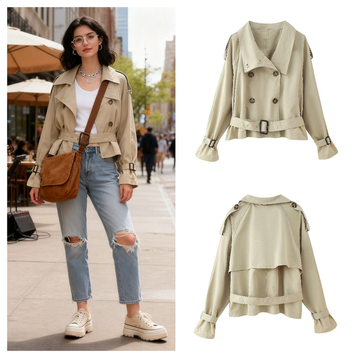 Kvinders fashionable trench coat jakke med bred krave og bælte detalje Stilla