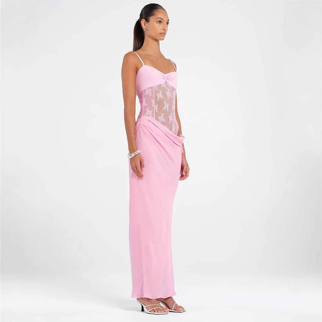 Dame Elegant Maxikjole med transparente spidsedetaljer og tætsiddende snit Skovae