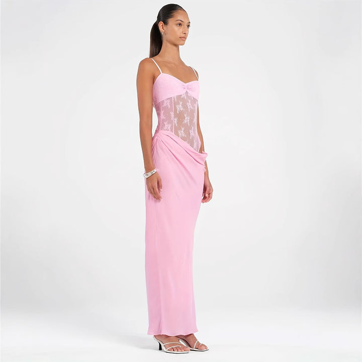 Dame Elegant Maxikjole med transparente spidsedetaljer og tætsiddende snit Skovae