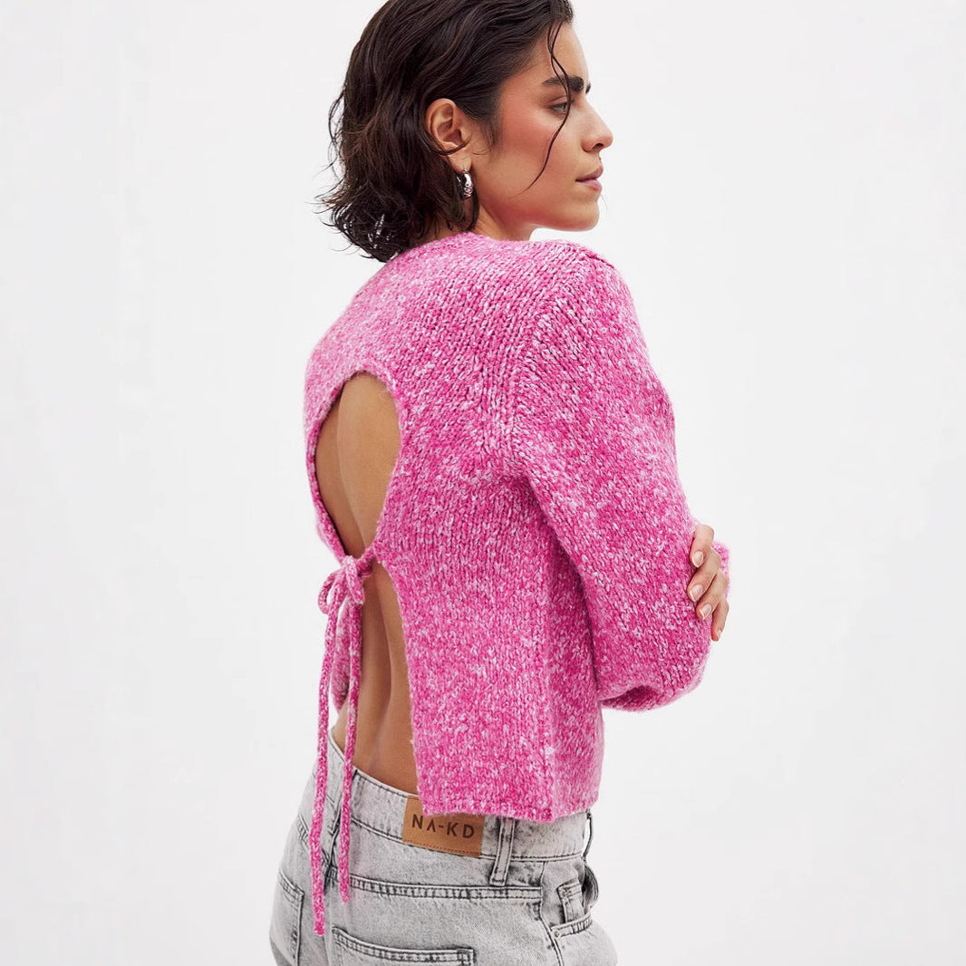Kvinders afslappede strikket sweater med elegant rygudskæring og knude Stilla