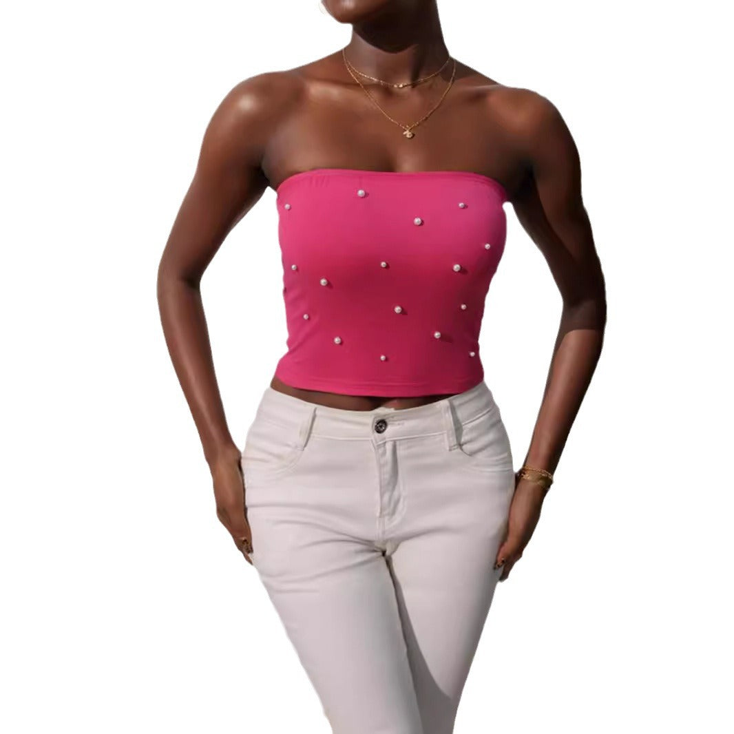 Dame bandeau-top med elegante perleapplikationer Skovae