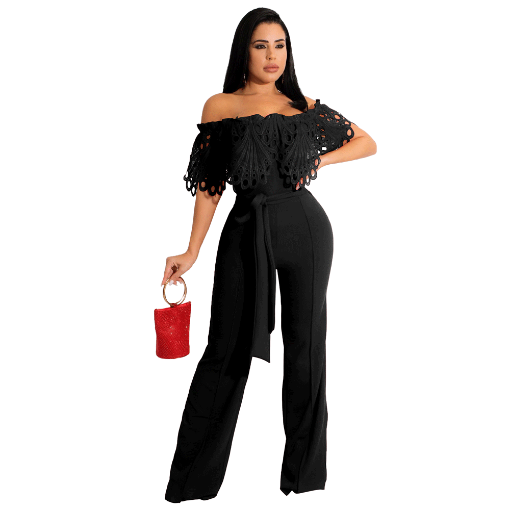 Dame Elegant Off-Shoulder Jumpsuit med dekorativ spids og taljebælte Stilla