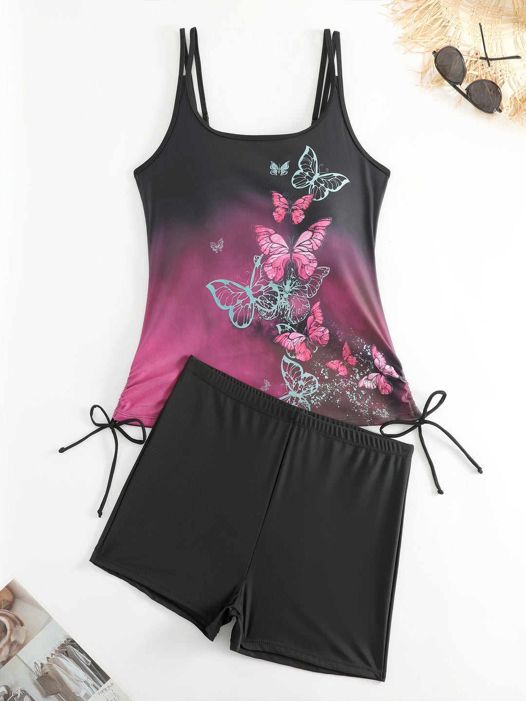 Dame Tankini med sommerfuglemotiv og badeshorts Skovae