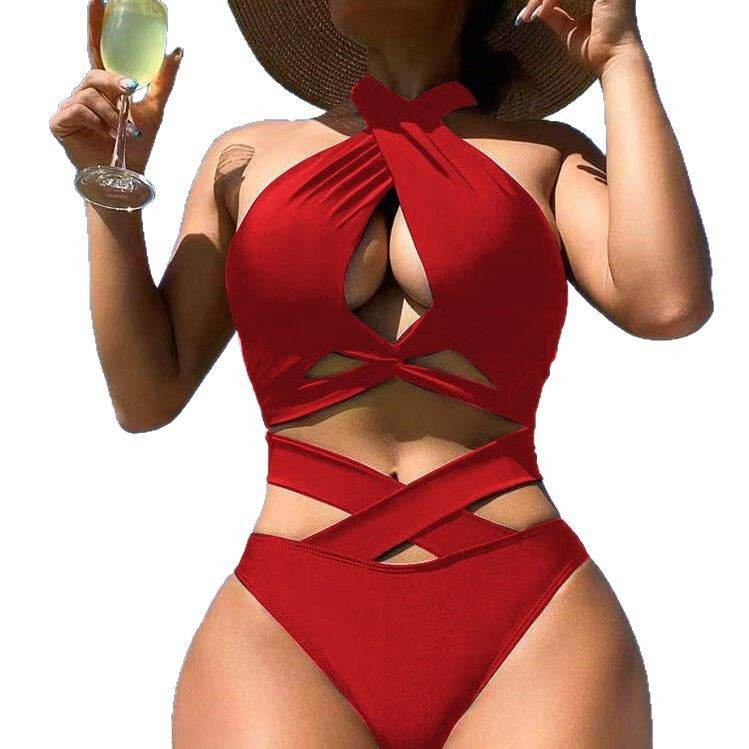 Dame højskåret en-delt badedragt med elegante cut-outs