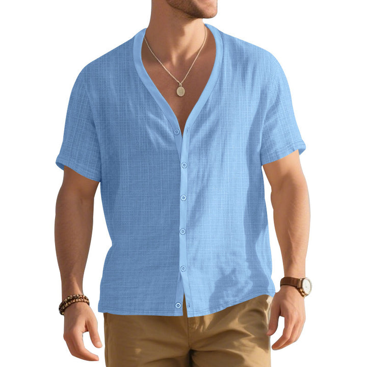 Herrer Kortsleeve Henley Skjorte med moderigtigt V-udskæring og struktureret design Stilla