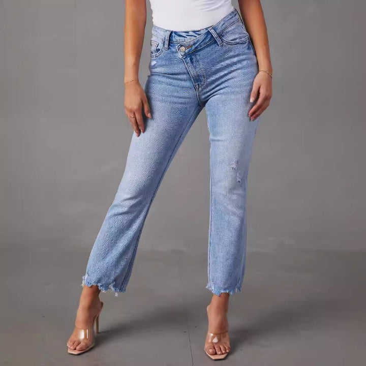 Dame mode højvandsjeans i afslappet vintage-stil med frynset kant Stilla