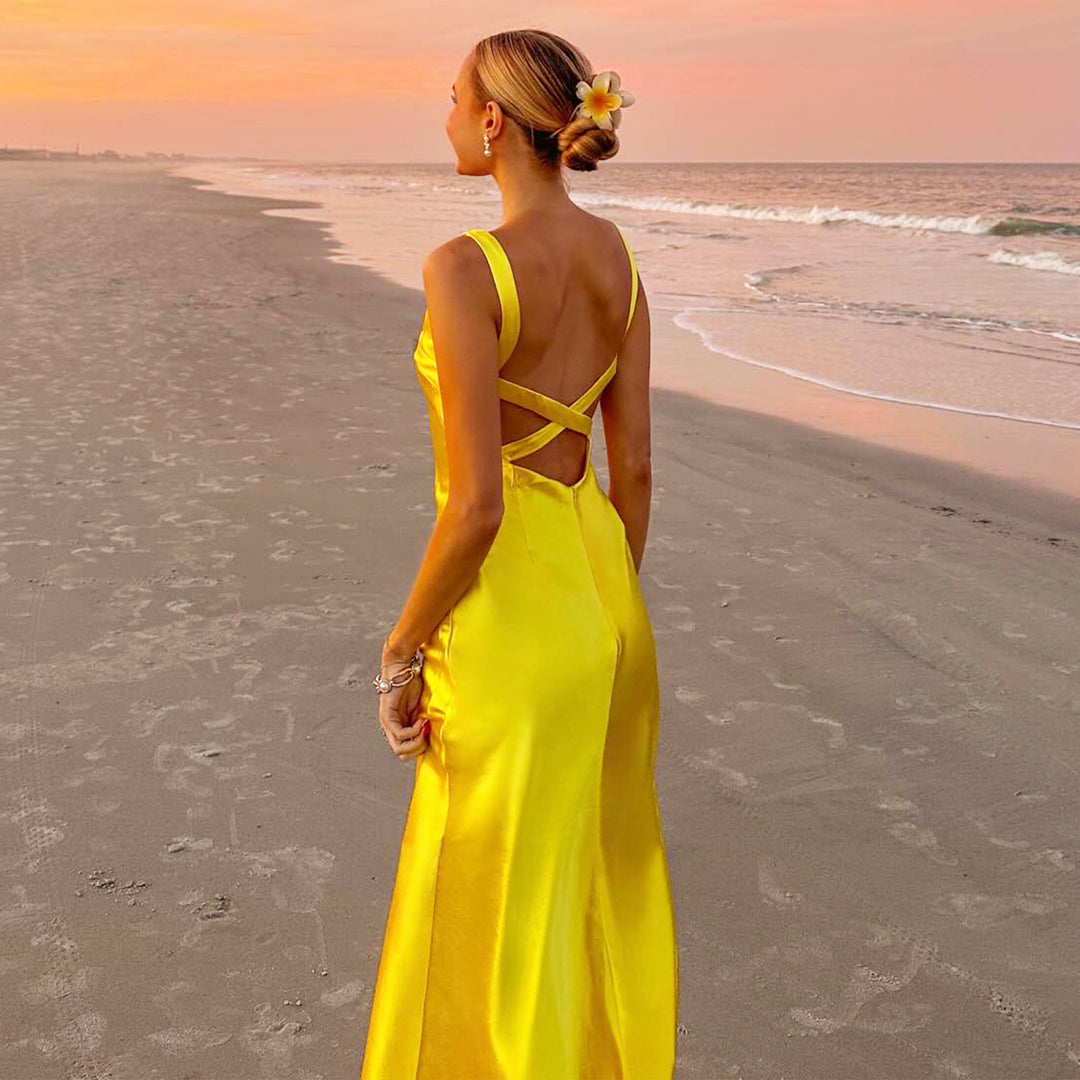Kvindernes Sommer Maxi Kjole med Elegant V-Hals og Flydende Silhuet