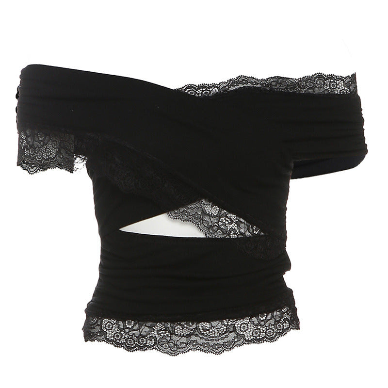 Dame elegant top med raffineret indpakningsdesign og tiltalende blondekant Stilla