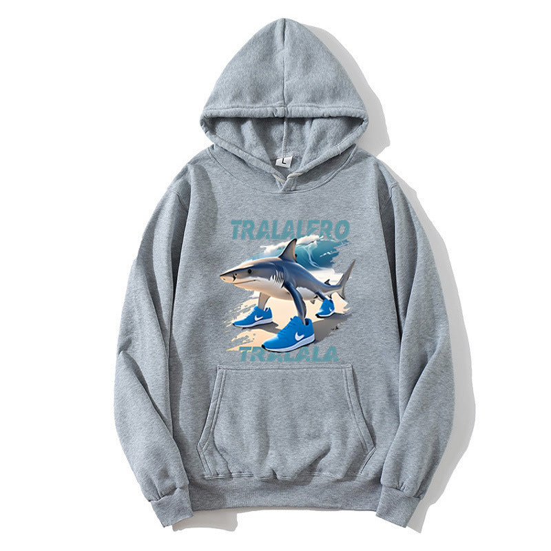 Dame hoodie med sjov hajmotiv og grafiske elementer Skovae