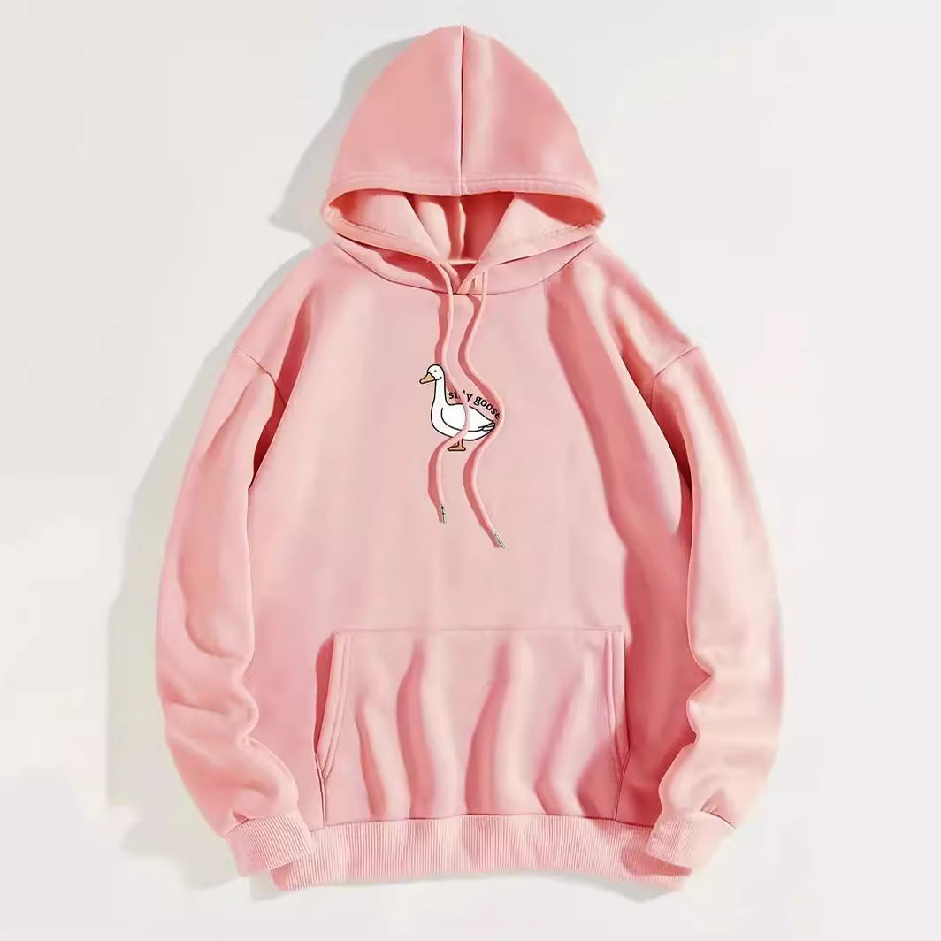 Dame hoodie med kreativ gåsemotiv og blødt fleece indeni Stilla