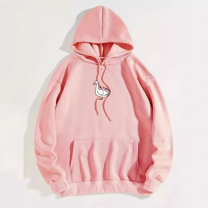 Dame hoodie med kreativ gåsemotiv og blødt fleece indeni Stilla