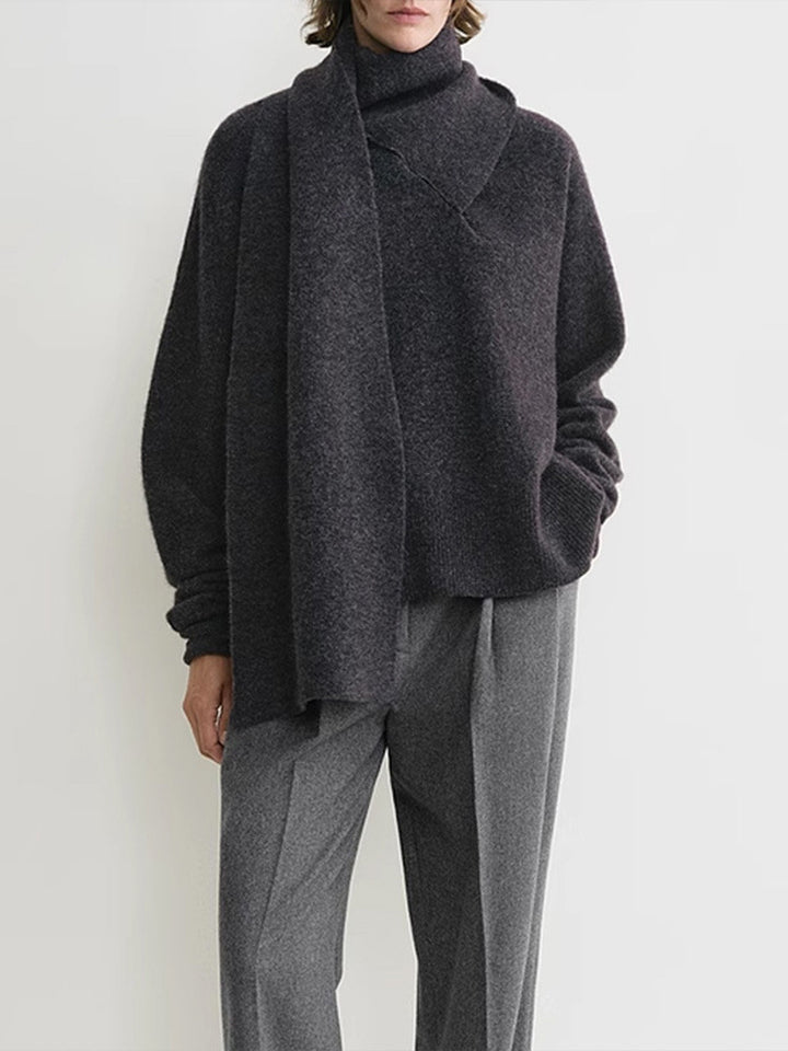 Dame elegant strikpullover med smart krave og integreret tørklæde Stilla