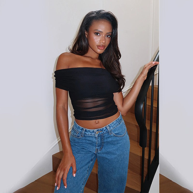 Dame off-shoulder top med wrap-design og flæsedetaljer Skovae