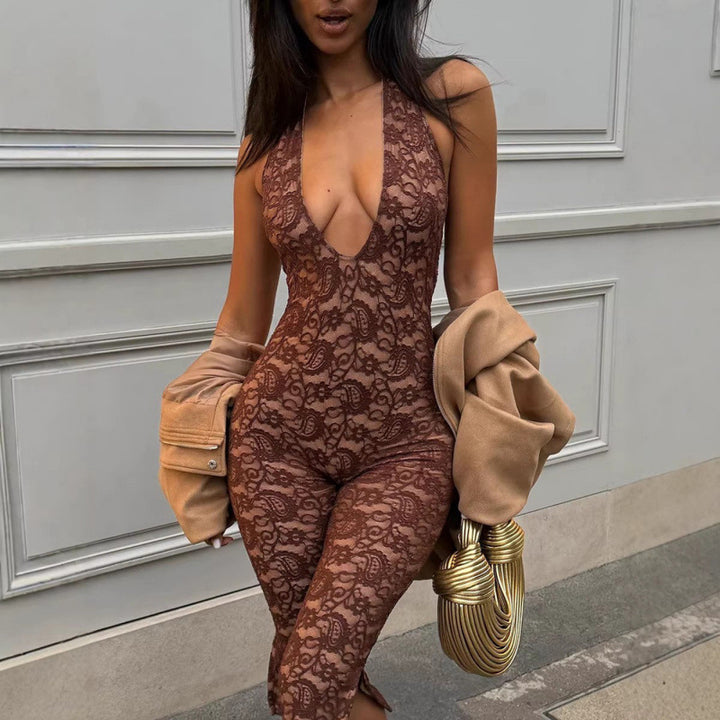 Dame Elegante Spids-Jumpsuit med dyb V-hals og tætsiddende silhuet Skovae