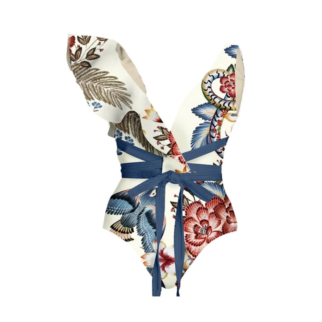 Dame badetøj sæt med blomster ruffles og tætsiddende shorts Skovae