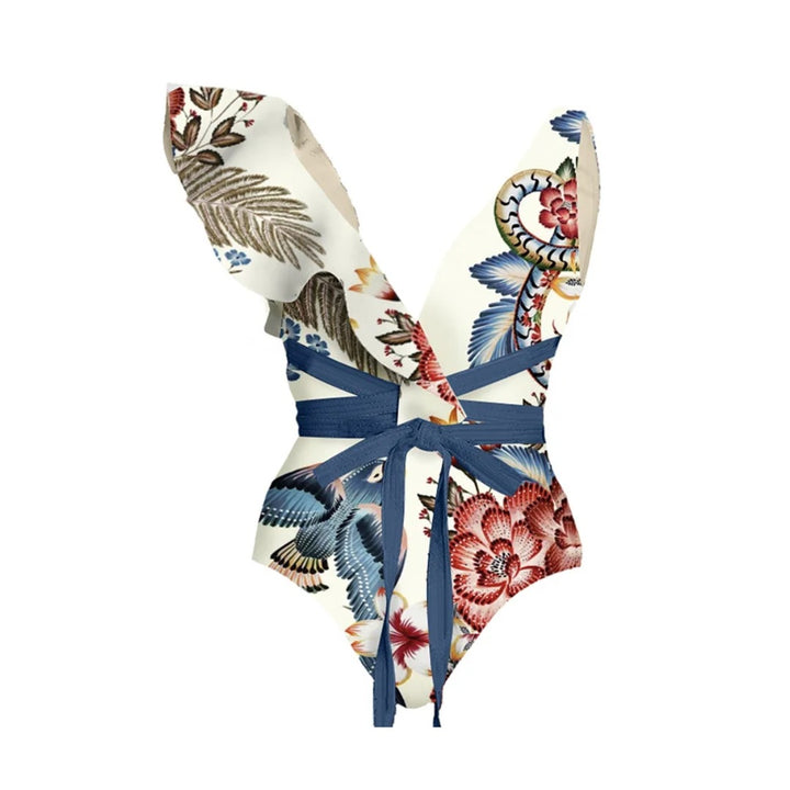 Dame badetøj sæt med blomster ruffles og tætsiddende shorts Skovae