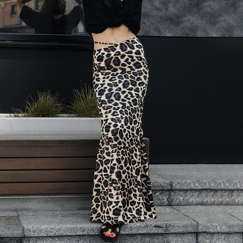 Dame Maxiskørt i trendy leopardmønster med flydende snit og høj talje Stilla