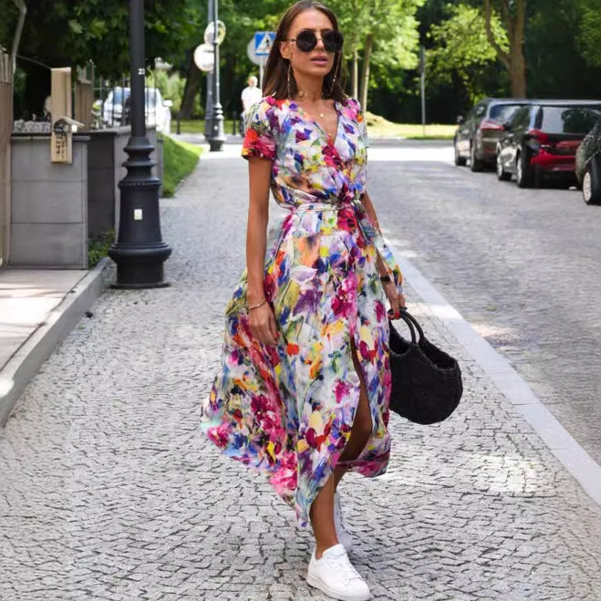 Dame Floral Høj Slids Maxi Kjole med Talje Knude Stilla