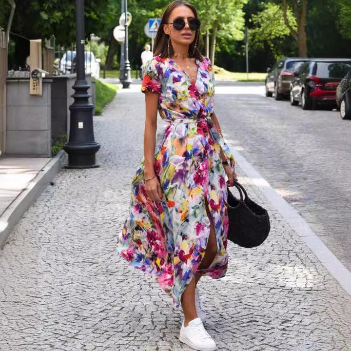 Dame Floral Høj Slids Maxi Kjole med Talje Knude Stilla