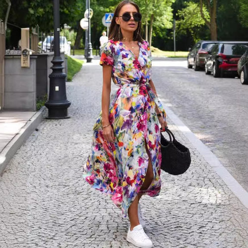 Dame Floral Høj Slids Maxi Kjole med Talje Knude Stilla