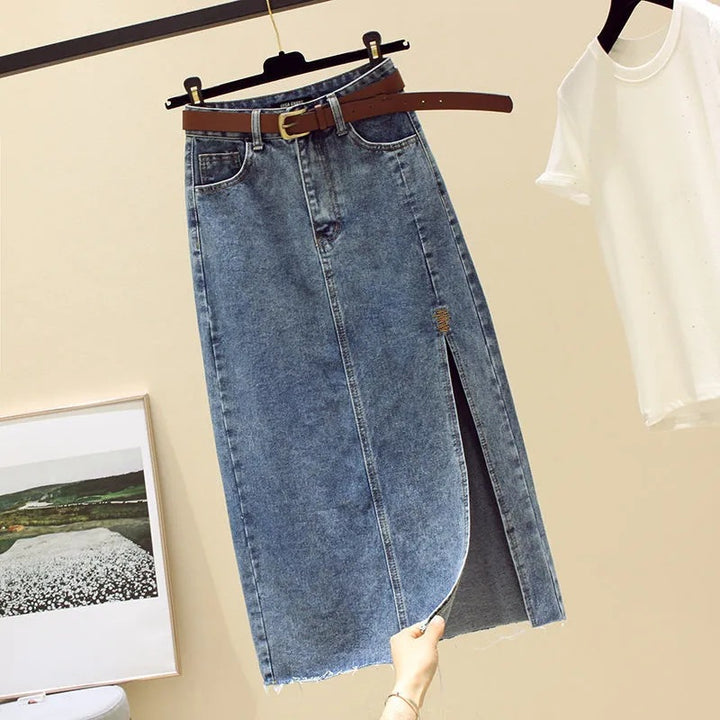 Kvindernes denim maxi nederdel med sideslids Stilla