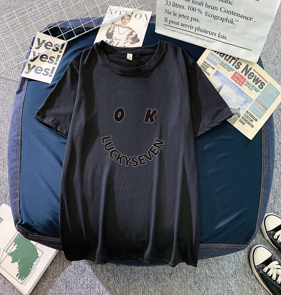 Kvindernes fashionabel t-shirt med afslappet smiley-tryk og høj kvalitet bomulds kvalitet Skovae