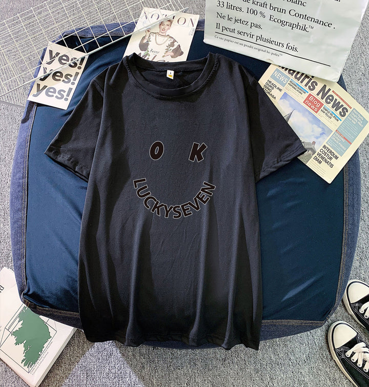 Kvindernes fashionabel t-shirt med afslappet smiley-tryk og høj kvalitet bomulds kvalitet Skovae