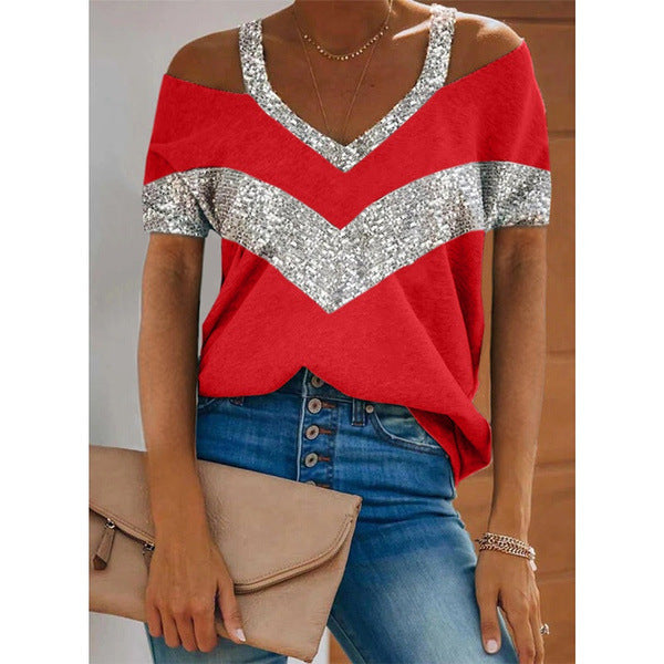 Dame V-hals Pailletter Akcent Fritidsbluse Stilla